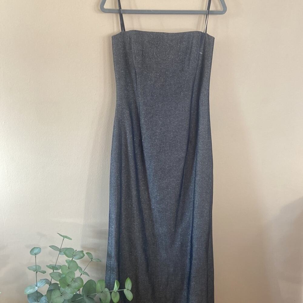 Vintage David Meister Dress Grey Metallic Silver maxi BodyCon Formal Strapless